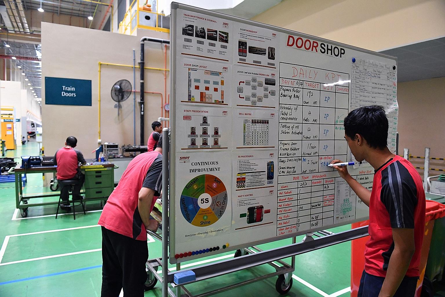 An area at Tuas Depot where train parts are serviced and maintained. SMRT introduced the Japanese concept of kaizen, or continuous improvement, at the depot a month ago.