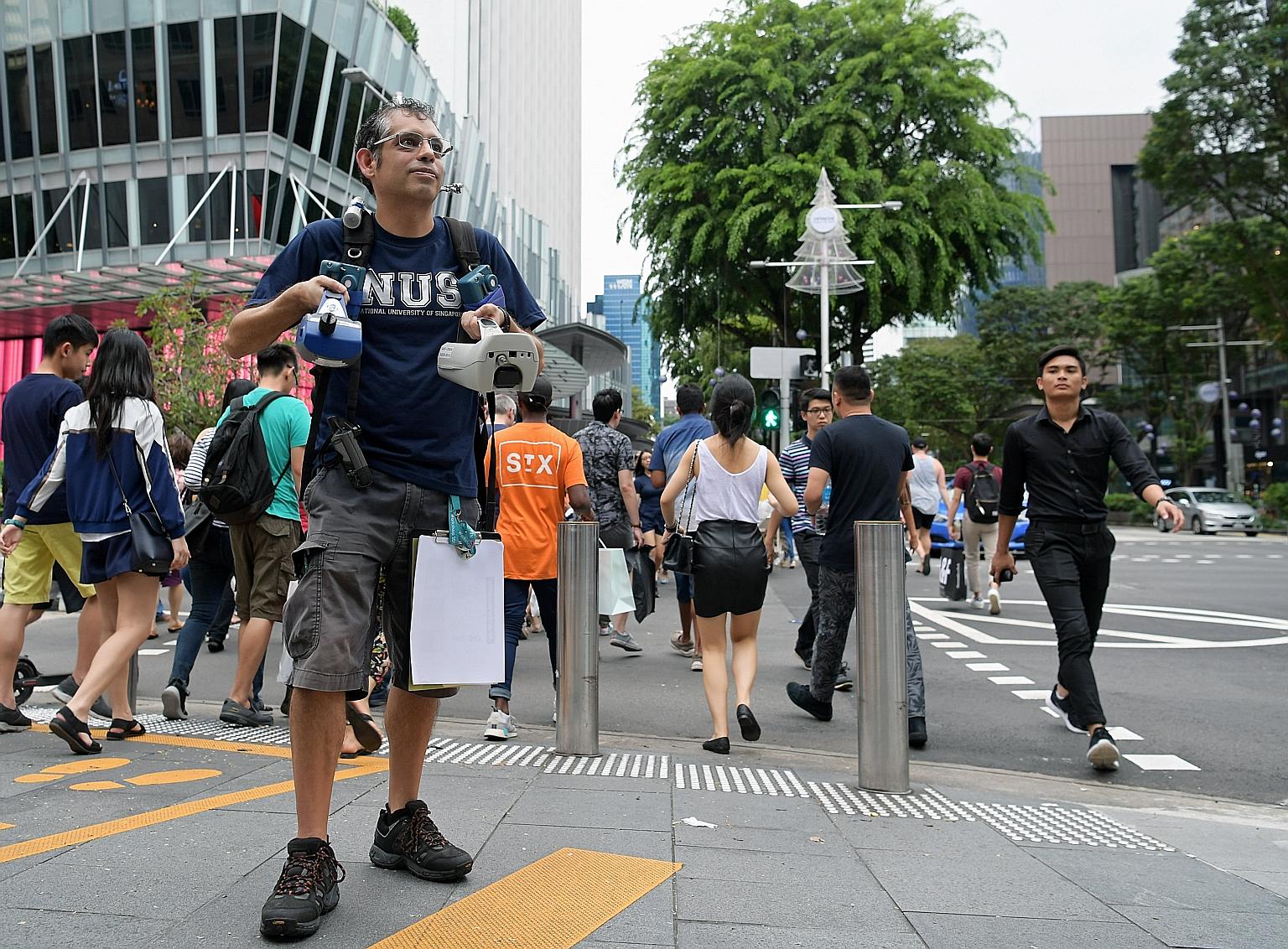 Dr Erik Velasco with air quality measurement devices at Orchard Road. His study found that commuters travelling via bus or taxi breathed in up to two times more harmful particles compared with taking the MRT.