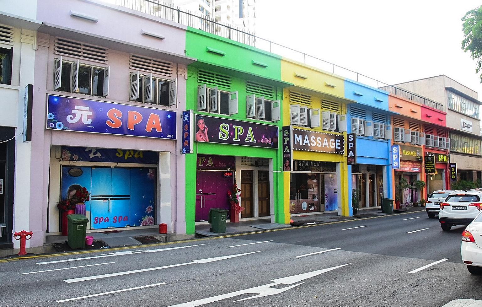 A row of spas and massage parlours in Lavender Street. The tighter restrictions are the latest provisions under the new Massage Establishments Act, which was passed in November last year to crack down on vice activities, and goes into force today.