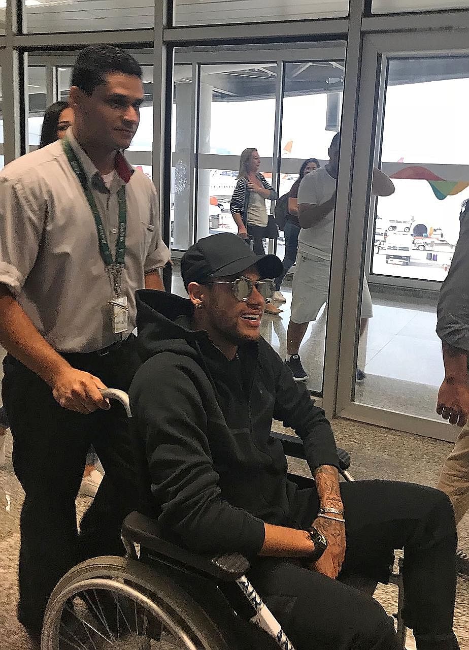 Brazilian superstar Neymar arriving in Rio de Janeiro from Paris ahead of an operation on his fractured metatarsal scheduled for tomorrow. The Selecao talisman was injured during a Paris Saint-Germain game and may miss the rest of his club's season.