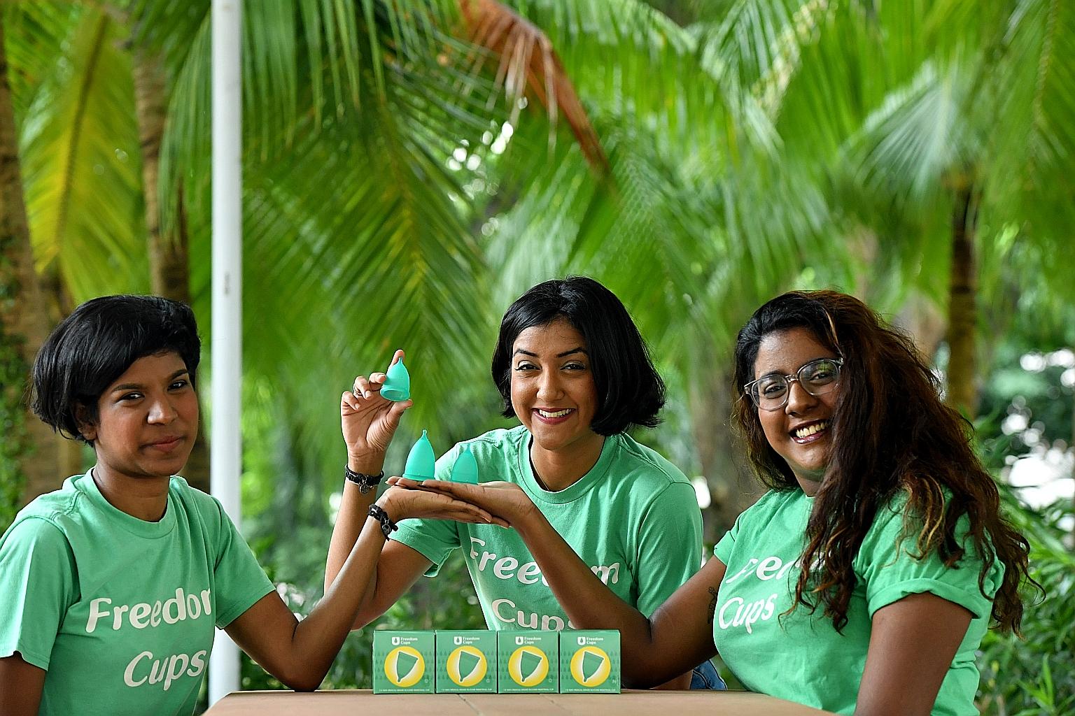 (From far left) Sisters Joanne, Vanessa and Rebecca Paranjothy run a social enterprise that promotes the use of reusable menstrual cups, called freedom cups.