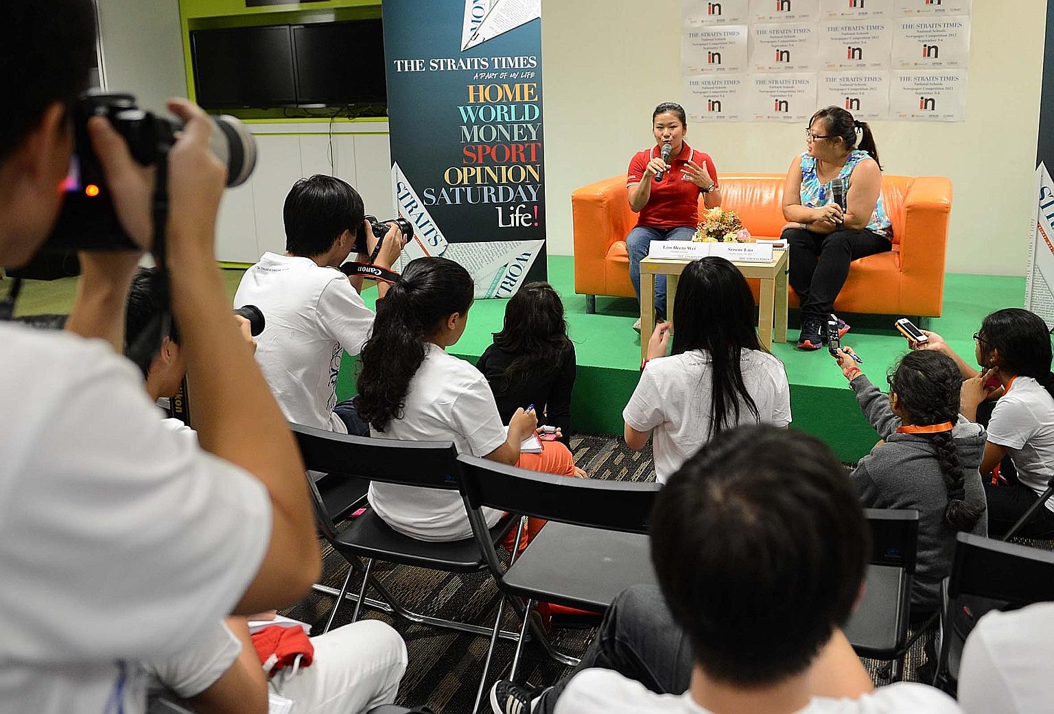 Gymnast Lim Heem Wei sharing her experience at the London Olympics with students at the National Schools Newspaper Competition in 2012. The event, now called the National Youth Media Competition, aims to promote media literacy and train aspiring jour