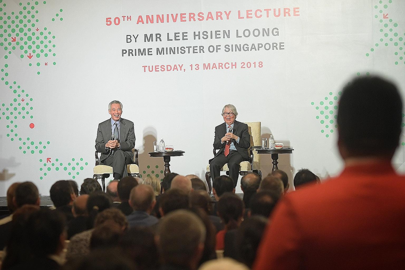 Prime Minister Lee Hsien Loong answering questions during the question-and-answer session moderated by Professor Tommy Koh at the ISEAS - Yusof Ishak Institute's 50th anniversary lecture yesterday.