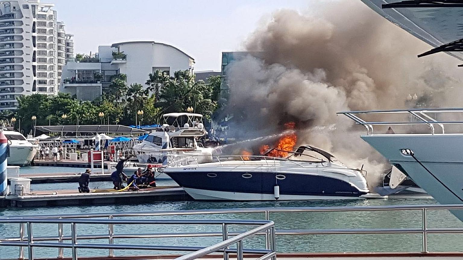 The emergency response team of ONE°15 Marina Club fought the blaze using hose reels before SCDF firefighters arrived and put it out.