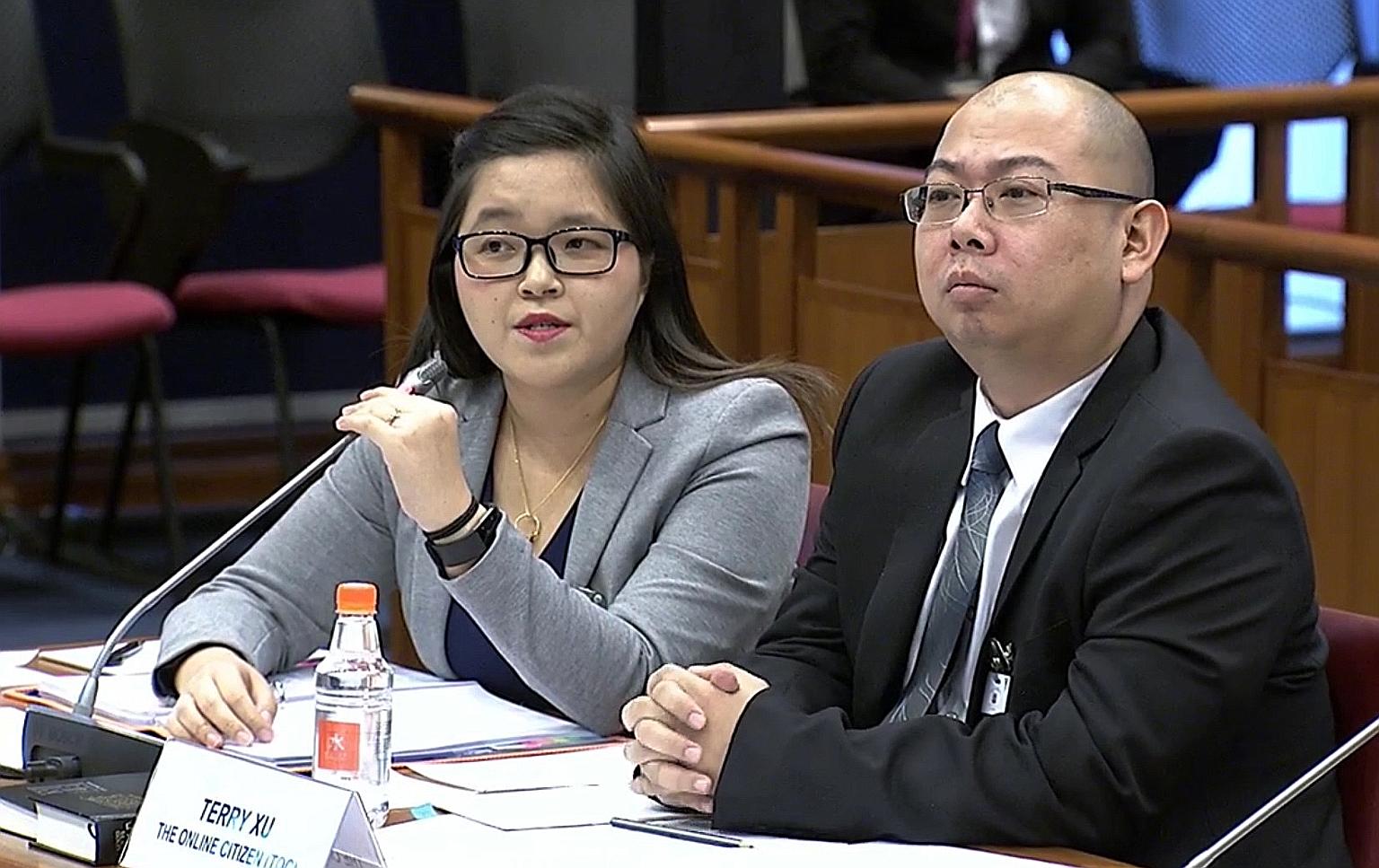 Freelance journalist Kirsten Han and The Online Citizen chief editor Terry Xu at the Select Committee hearing yesterday. Ms Han said a Freedom of Information Act here can empower people to do their own fact-checking and conduct their own analysis, wh