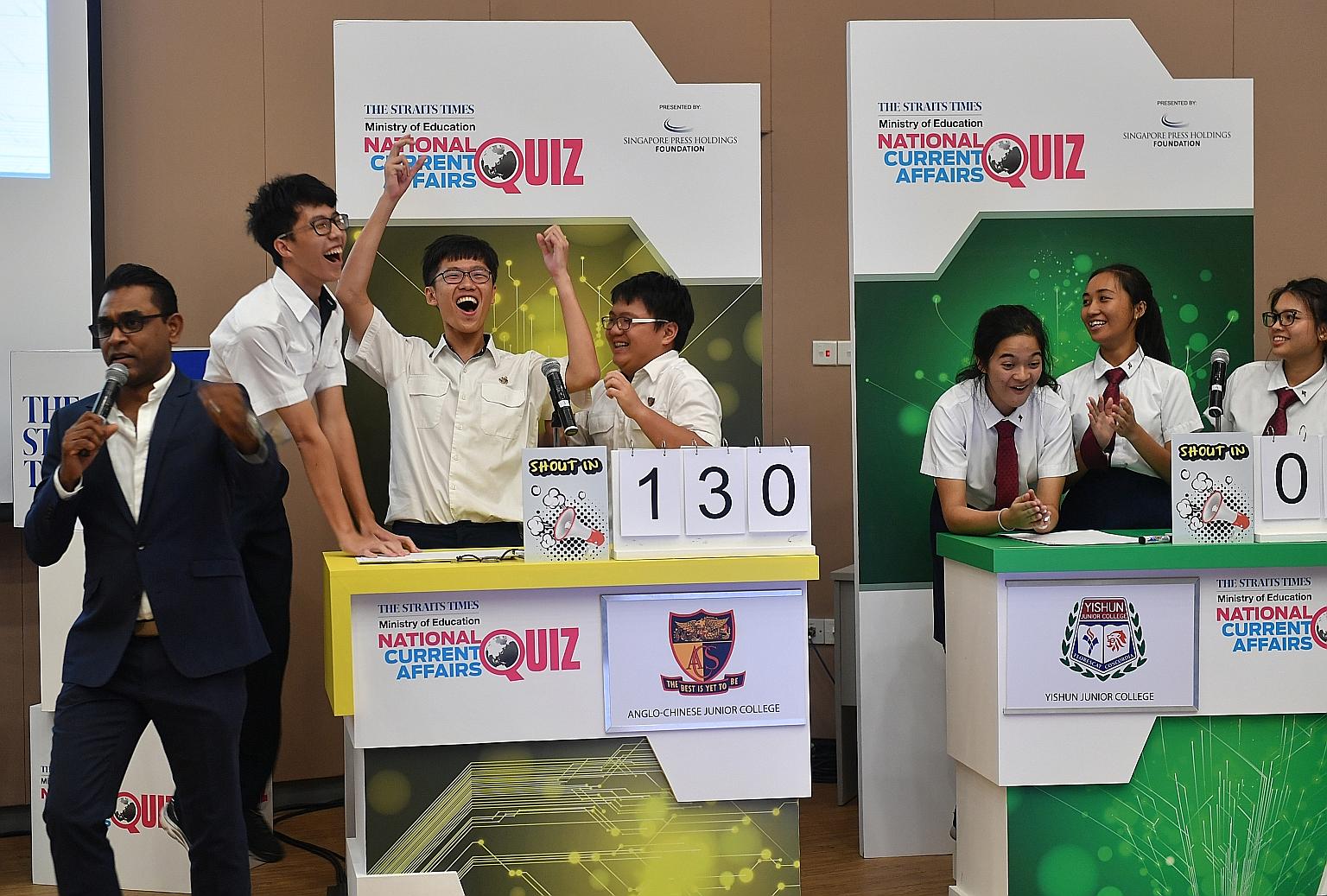 Anglo-Chinese Junior College won the last round of last year's Big Quiz, defeating Yishun Junior College. The quiz goes online this year, and questions will be based on themes and topics in a 12-part primer series that will broach contemporary issues