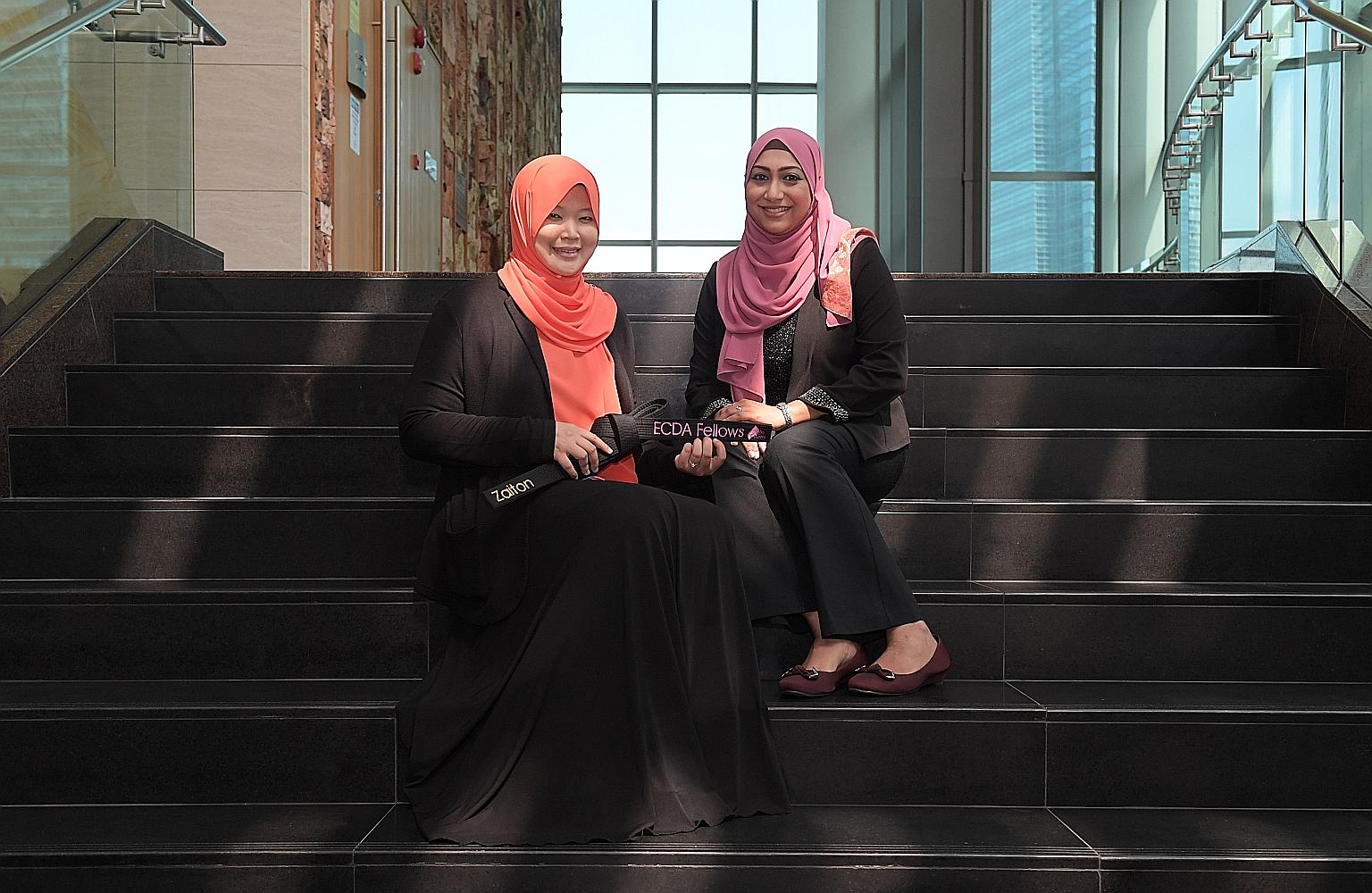 At the appointment ceremony yesterday were Ms Shazadi Begum Mohamed Siddiqe (right) and Ms Zaiton Mohd Ali, 43, executive principal of Iyad Perdaus Child Development, a new appointee under the ECDA Fellows Programme.