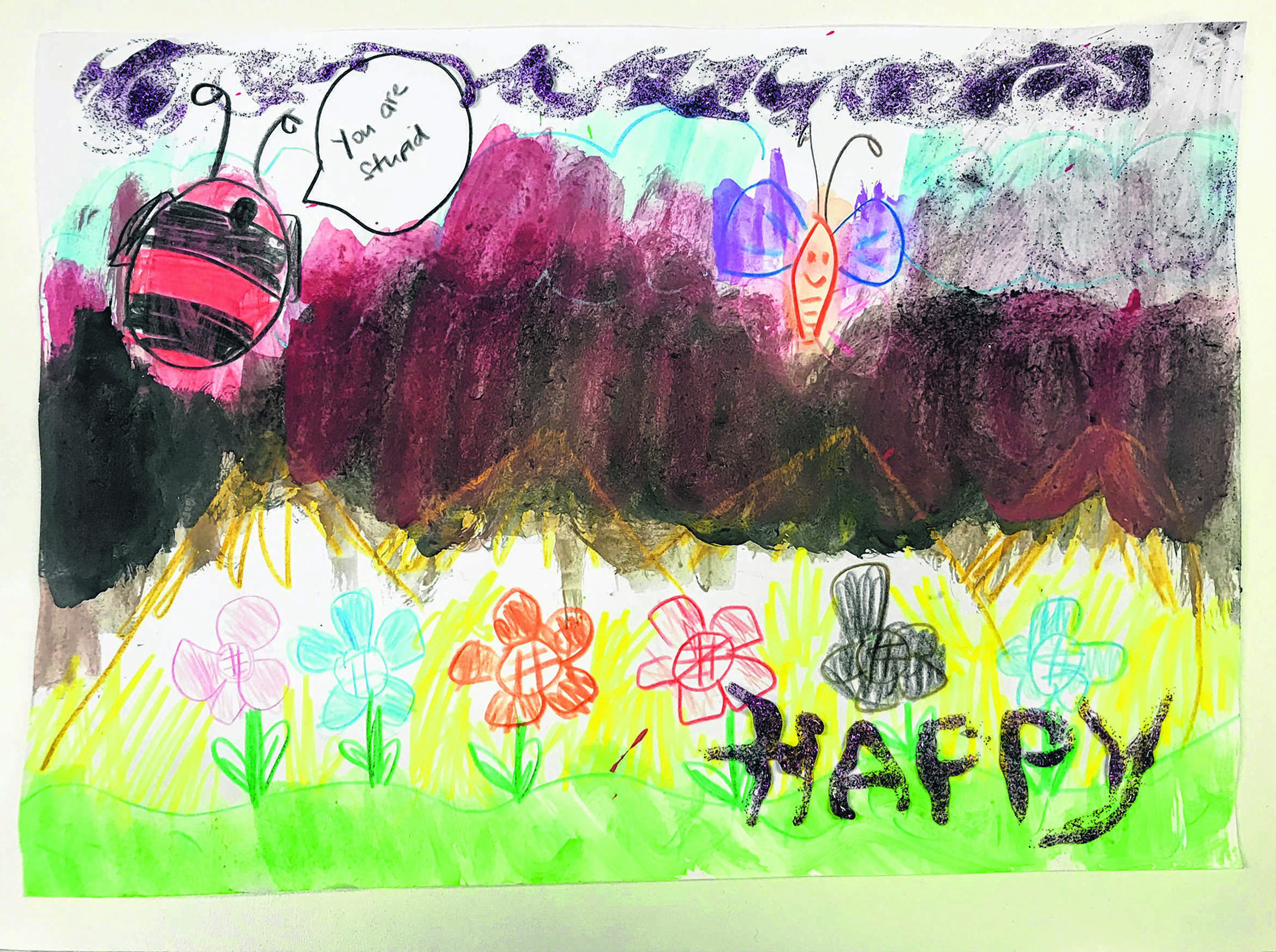 A copy of the drawing made by a seven-year-old who underwent art therapy at the Institute of Mental Health includes the sentence "you are stupid" written in a speech bubble. The child was struggling to cope with a new stepmother and was doing poorly 