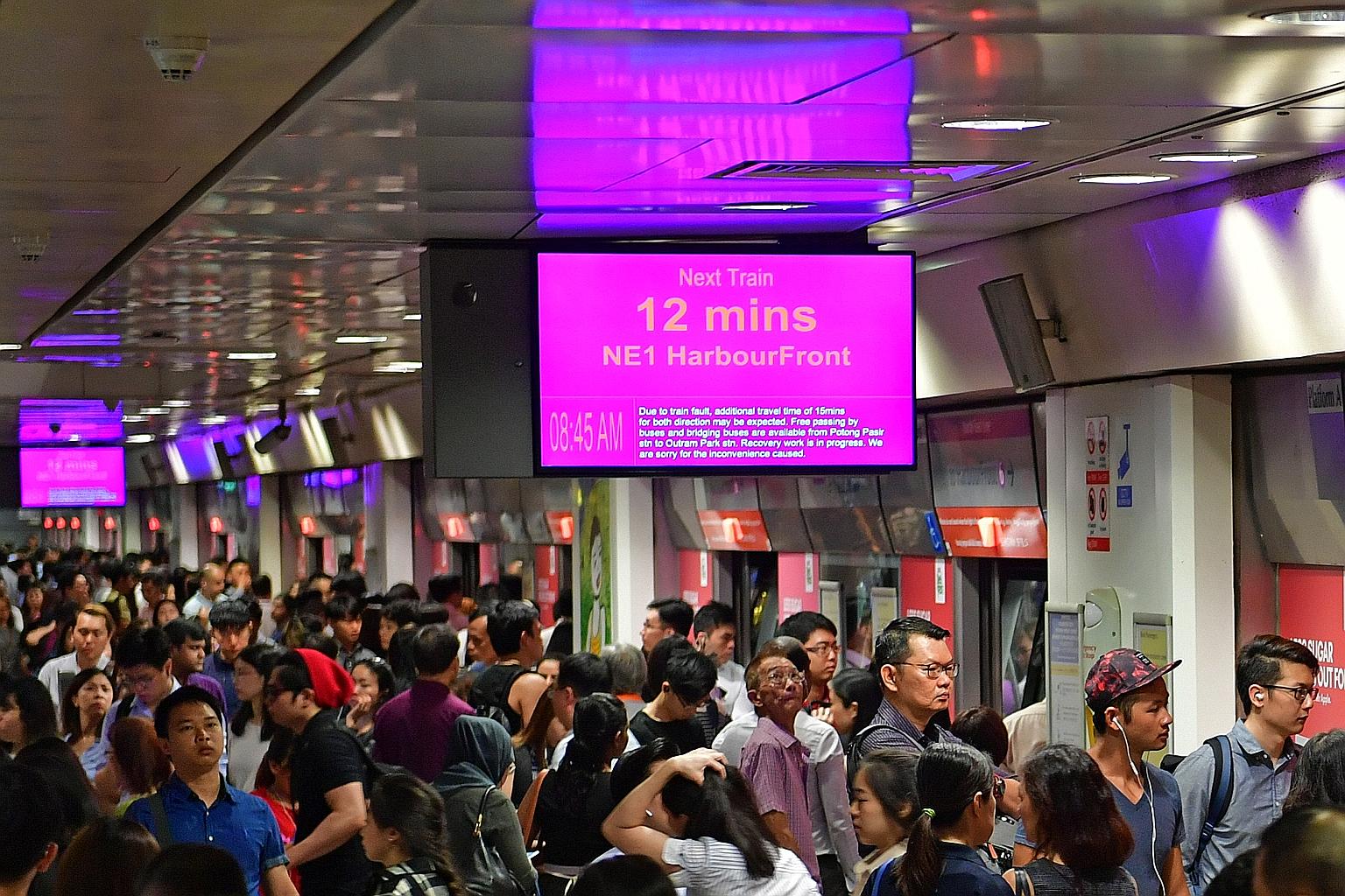 The Serangoon MRT station platform was packed with commuters heading towards HarbourFront yesterday. Train services on the North-East Line were affected for about an hour due to a faulty train at the Little India station.