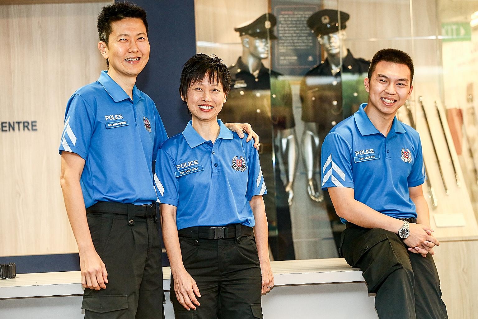 Among the first batch of VSC (Community) officers are (from left) retiree Goh How Phuang, his wife, Yvonne, and student Loo Jian Kai, 24. Unlike regular police and VSC officers, the VSC (Community) officers will not carry firearms, but they will stil