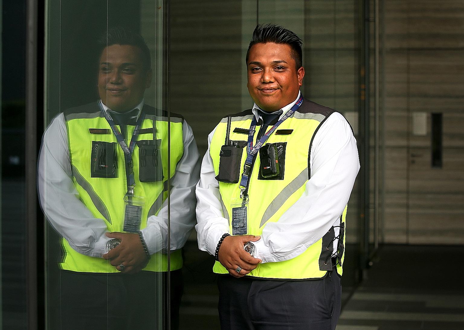 Senior security supervisor Nizar Jazli, who is stationed at Metropolis business centre near Buona Vista MRT station, says fewer drivers argue with him when he tells them to move their cars since he started wearing a body camera.