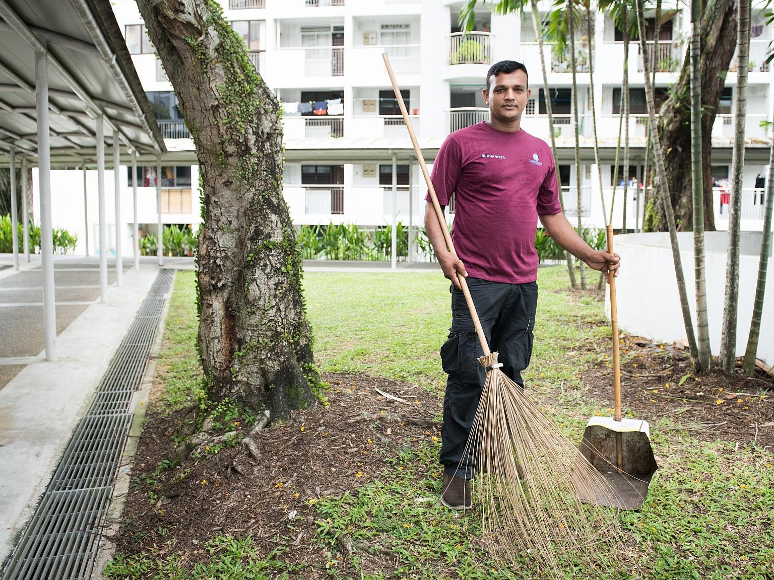 Mr Kalam Mohd Abu, who works as a cleaner in Commonwealth West, earns less than $1,000 a month. He sends his money back to Bangladesh to his parents, wife, and two-year-old daughter, whom he has yet to meet. He gained instant fame when a Facebook pos