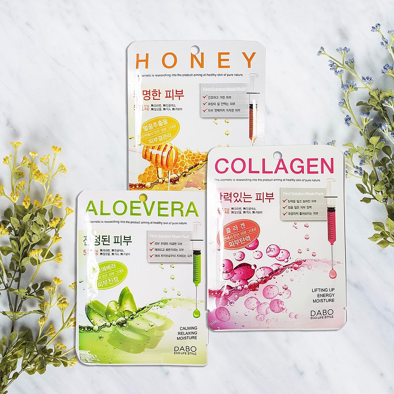 Dabo First Solution Mask Packs, from South Korea, are free of paraben, alcohol, pigment, triethanolamine and carbomer.