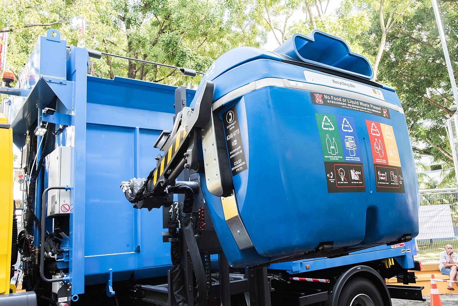 Two new trucks, which are loaded from the side, will be deployed in Jurong and Bukit Batok, and Ang Mo Kio and Toa Payoh.