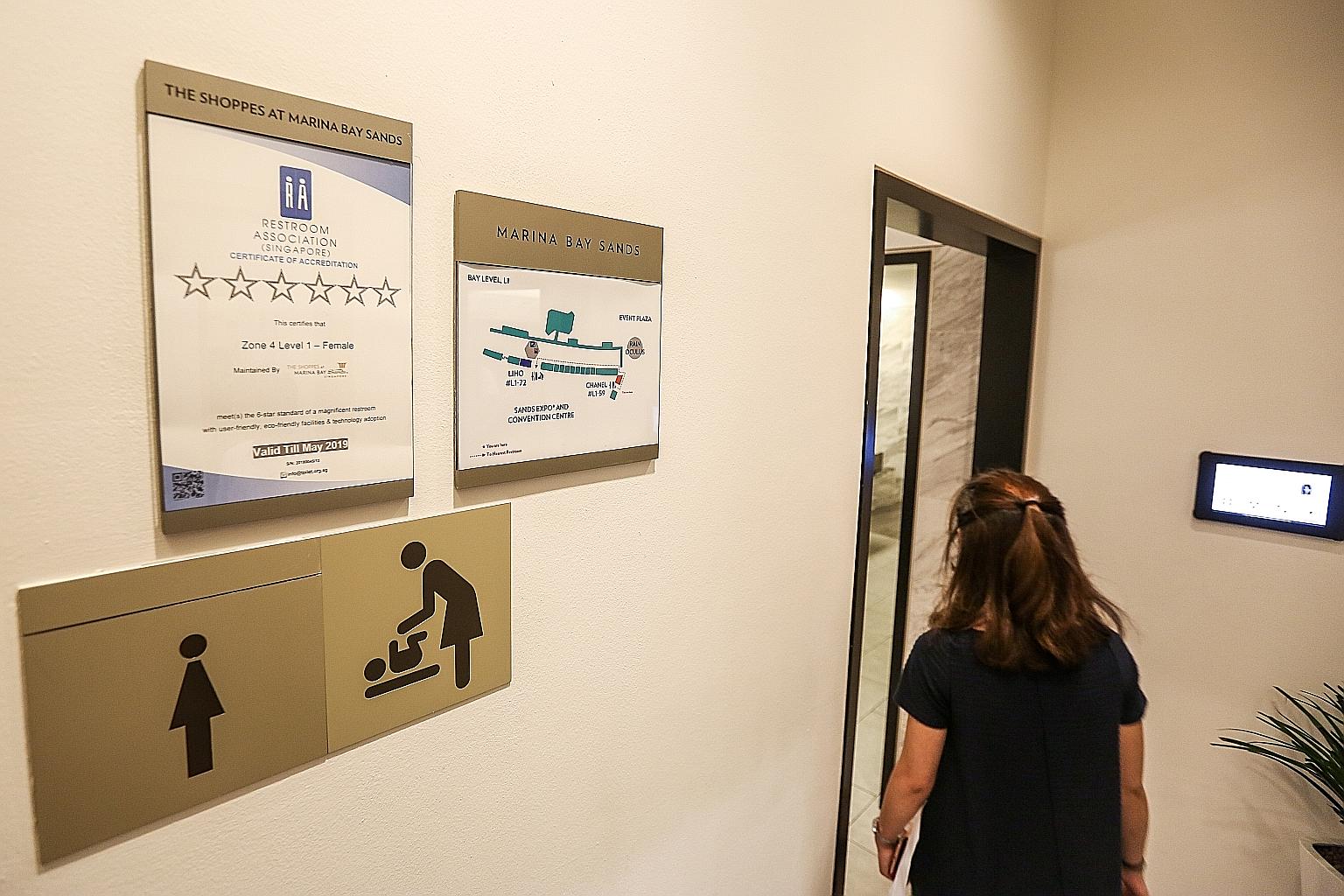 Three sets of toilets - each made up of one restroom for women and one for men - at The Shoppes at Marina Bay Sands have become the first here to garner the highest six-star rating from the Restroom Association (Singapore) since the rating band was i