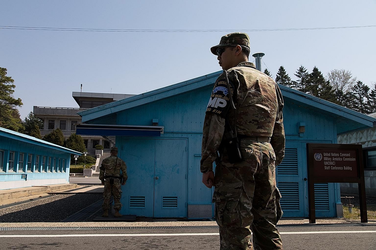 A US soldier standing guard at the United Nations Command Military Armistice Commission in the truce village of Panmunjom in the Demilitarised Zone last month.