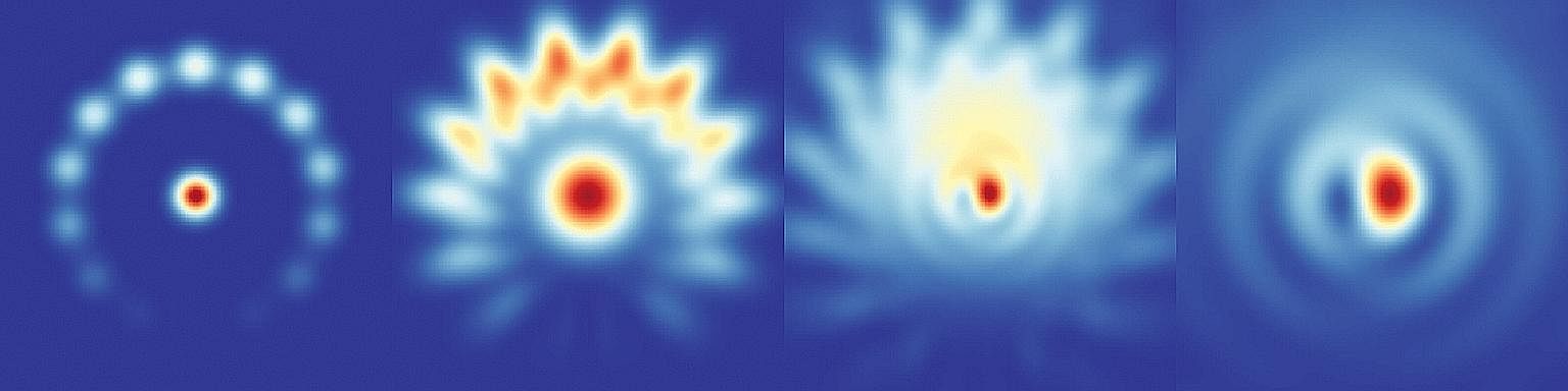 These "flowering" patterns show a computer simulation of a cold atom system in action. As thousands of atoms are cooled to a temperature near absolute zero, they are shaped into a ring. The atoms are concentrated into a central pool and a corrugated 