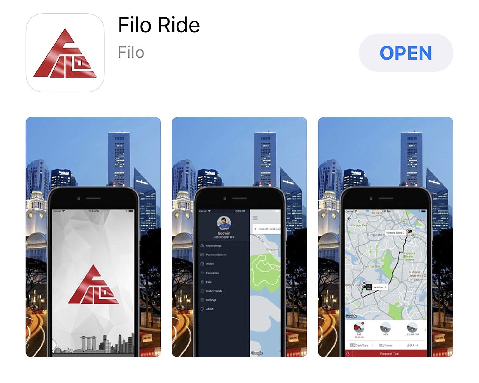 Screengrabs of the Filo app. It is up against Grab, and local firm Ryde and India's Jugnoo, which both debuted earlier in the week.