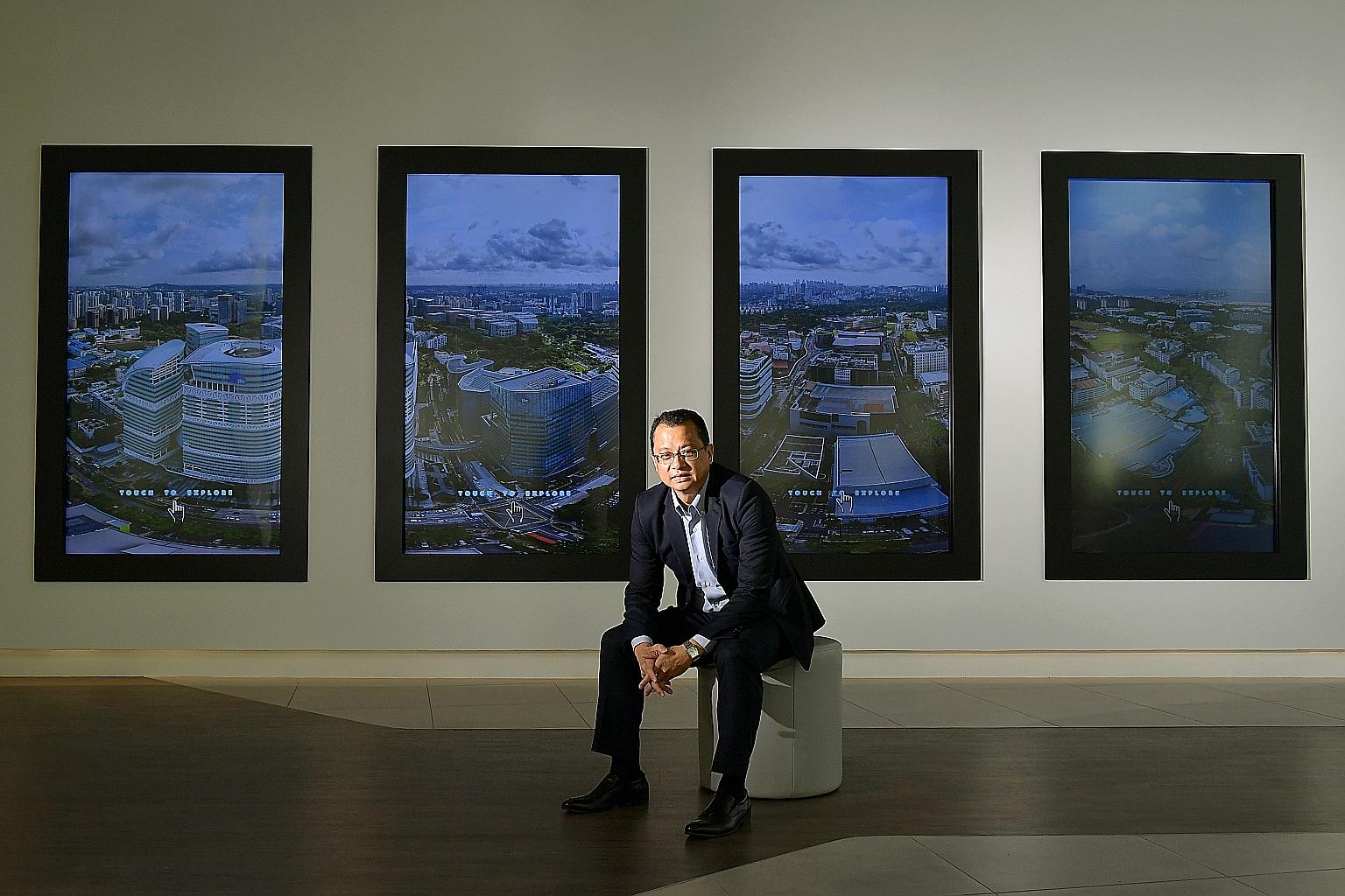 Mr Aaron Tham, JTC Corporation's director of new estates, in the one-north gallery at Fusionopolis. Creating vibrancy is important, so the old industrial canteen at LaunchPad was converted to food hall Timbre+ in 2016, where one can relax over live m