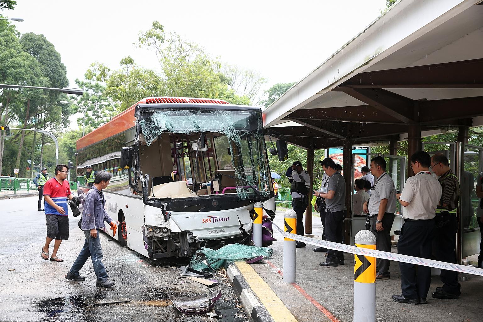 The SBS Transit bus in the accident ended up with a smashed windscreen and detached front bumper. It had rear-ended a stationary SMRT bus before crashing into a safety bollard at a bus stop in Jalan Jurong Kechil yesterday morning. It is believed tha