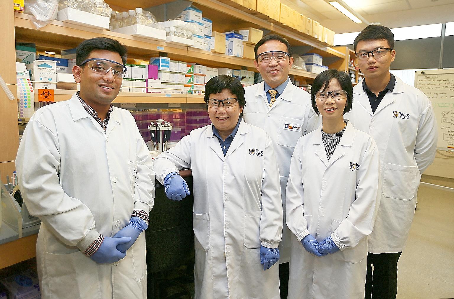 The research team (from left) Dr Sudipto Bari, research fellow, Department of Haematology, SGH; Professor Christina Chai, head, Department of Pharmacy, NUS; Associate Professor William Hwang, medical director, Department of Haematology, SGH; Associat