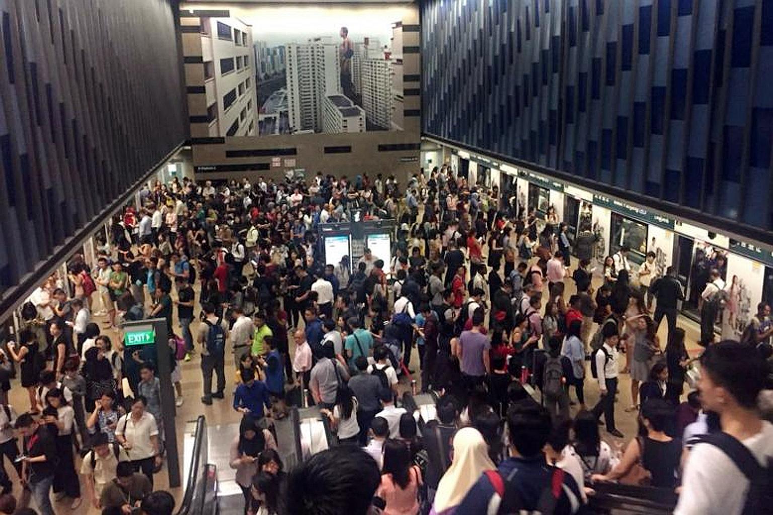 A photo taken by a commuter yesterday morning shows the crowd at the Bukit Panjang MRT station. The fault lies with Tampines West, but commuters along the entire line were affected.