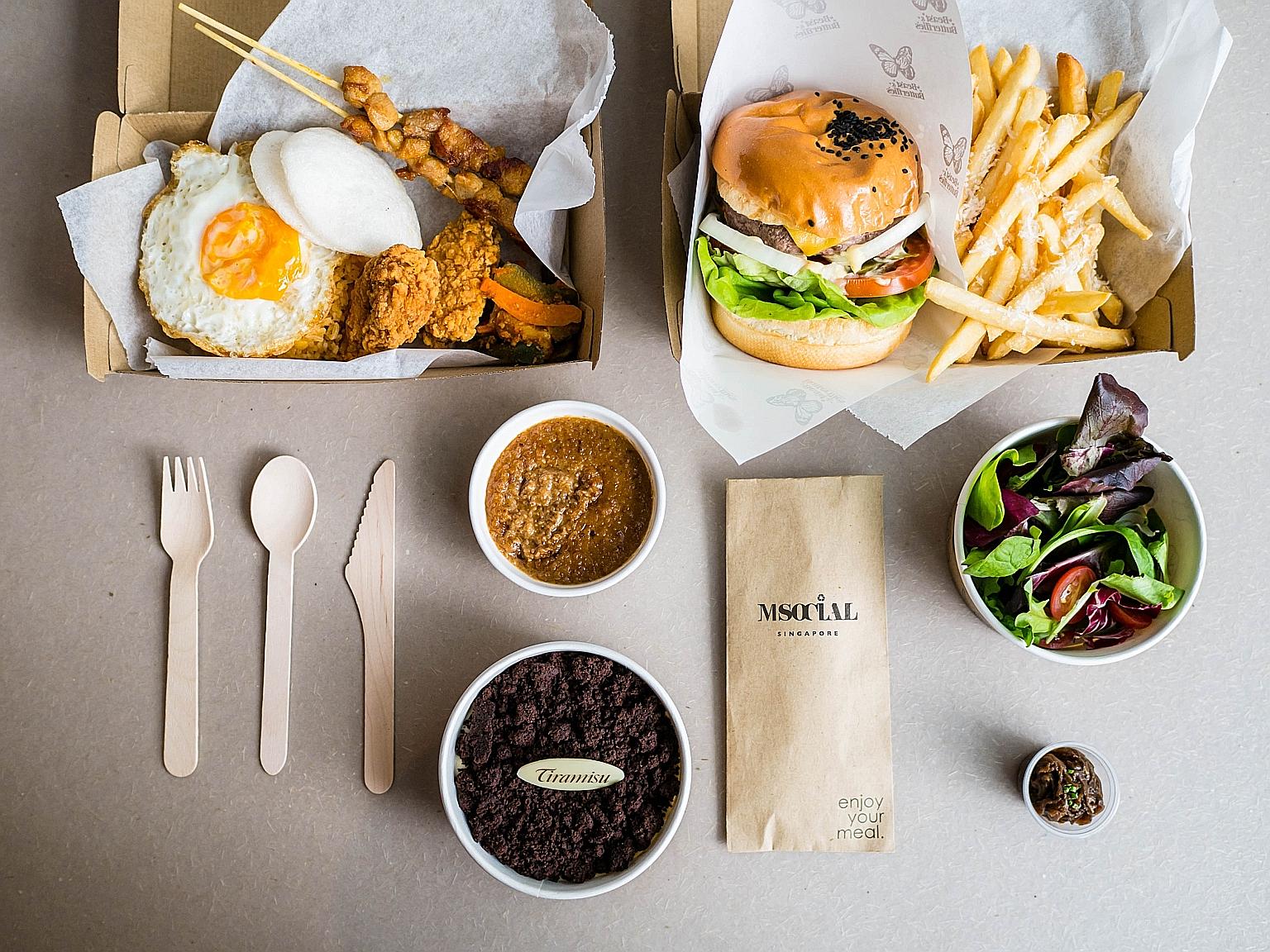 M Social uses green packaging and cutlery for its Order & Grab service (above). Grand Copthorne Waterfront Hotel's Tempo bar serves cocktails without single-use plastic straws.