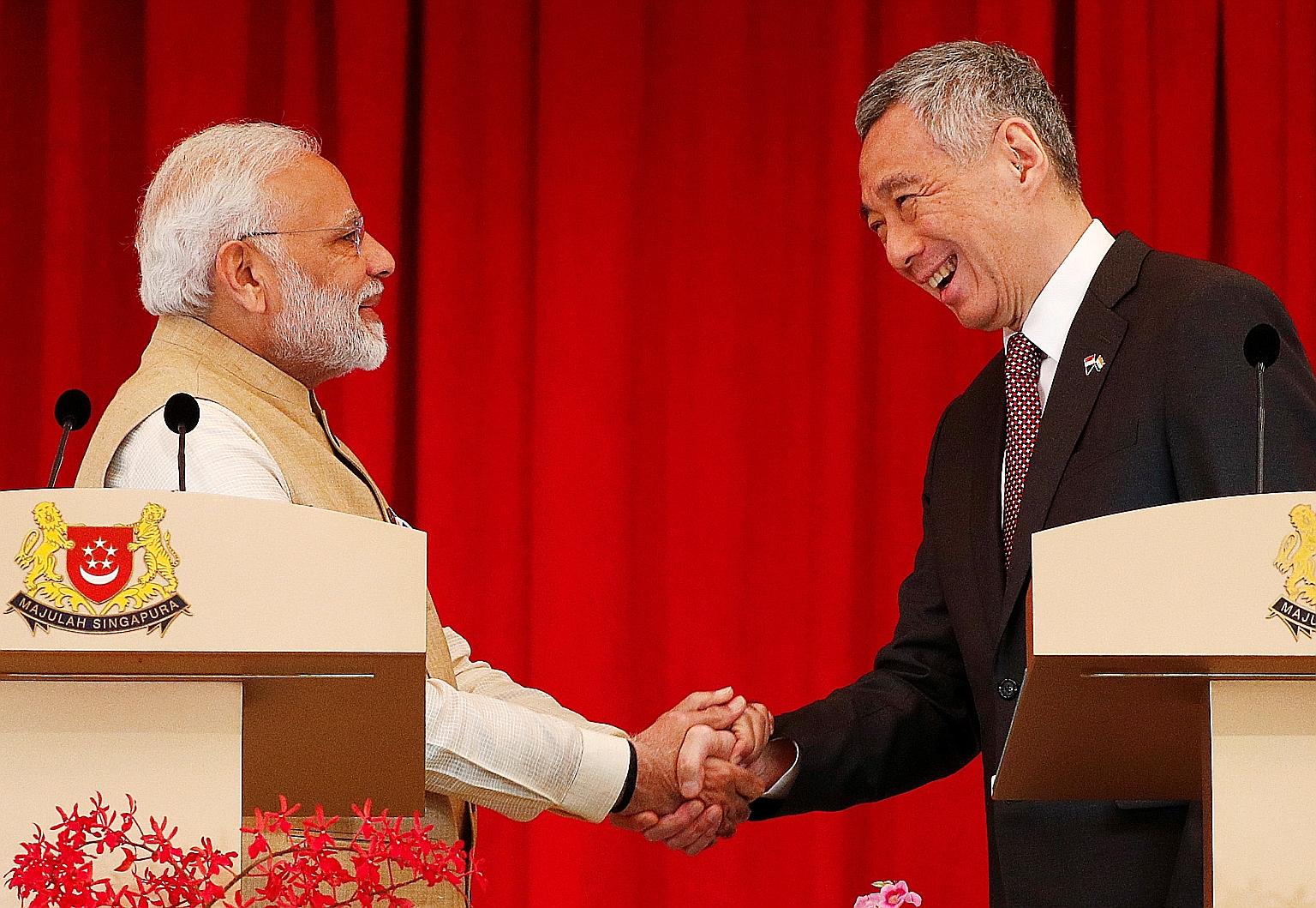 Indian Prime Minister Narendra Modi with Prime Minister Lee Hsien Loong at the Istana yesterday. A joint statement issued by both leaders noted the importance of fintech as the new driver of the bilateral economic partnership.