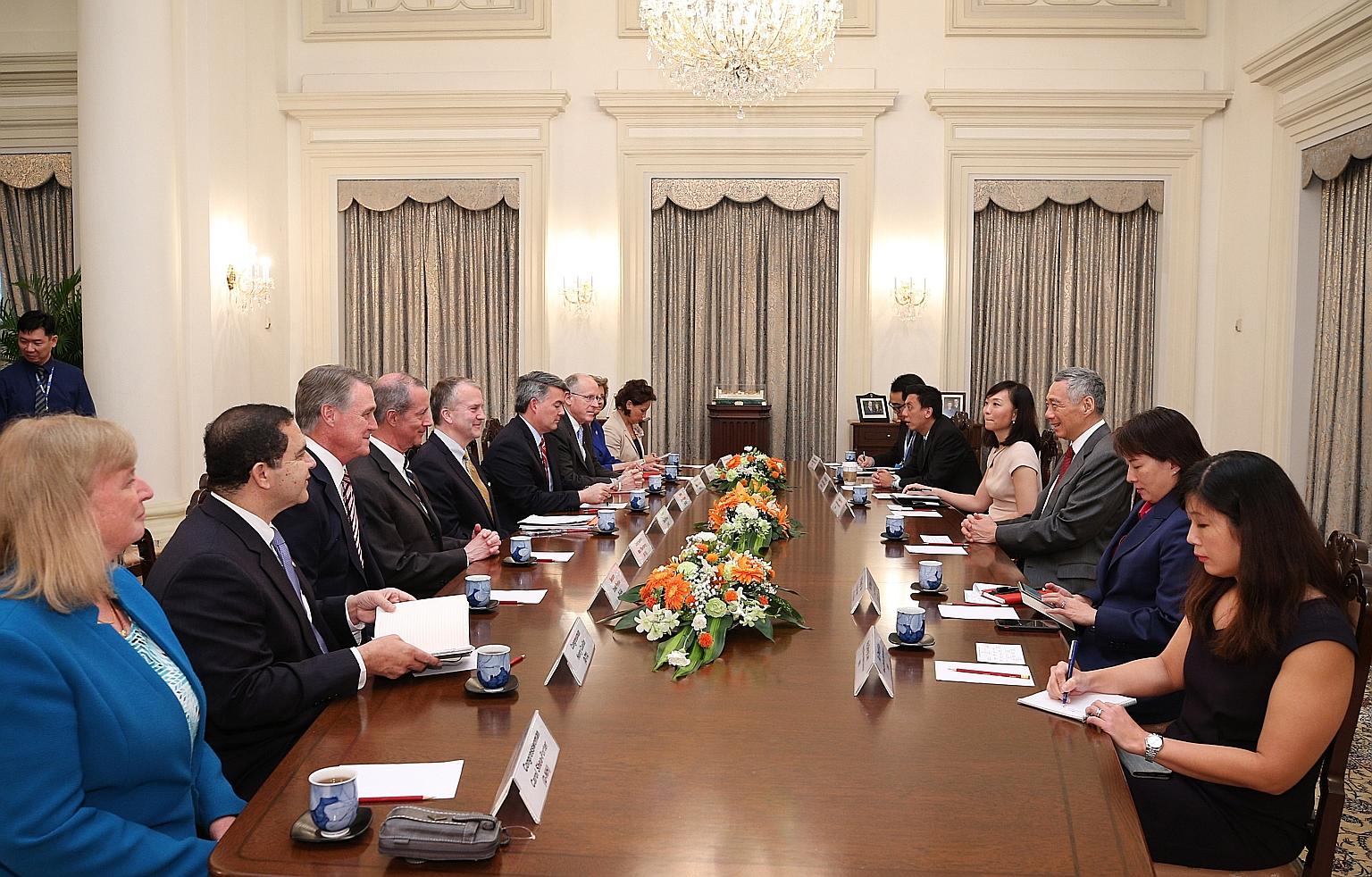 US Congress members calling on Prime Minister Lee Hsien Loong yesterday. They spoke about regional and international developments, and reaffirmed the importance of the US' continued engagement of the region.