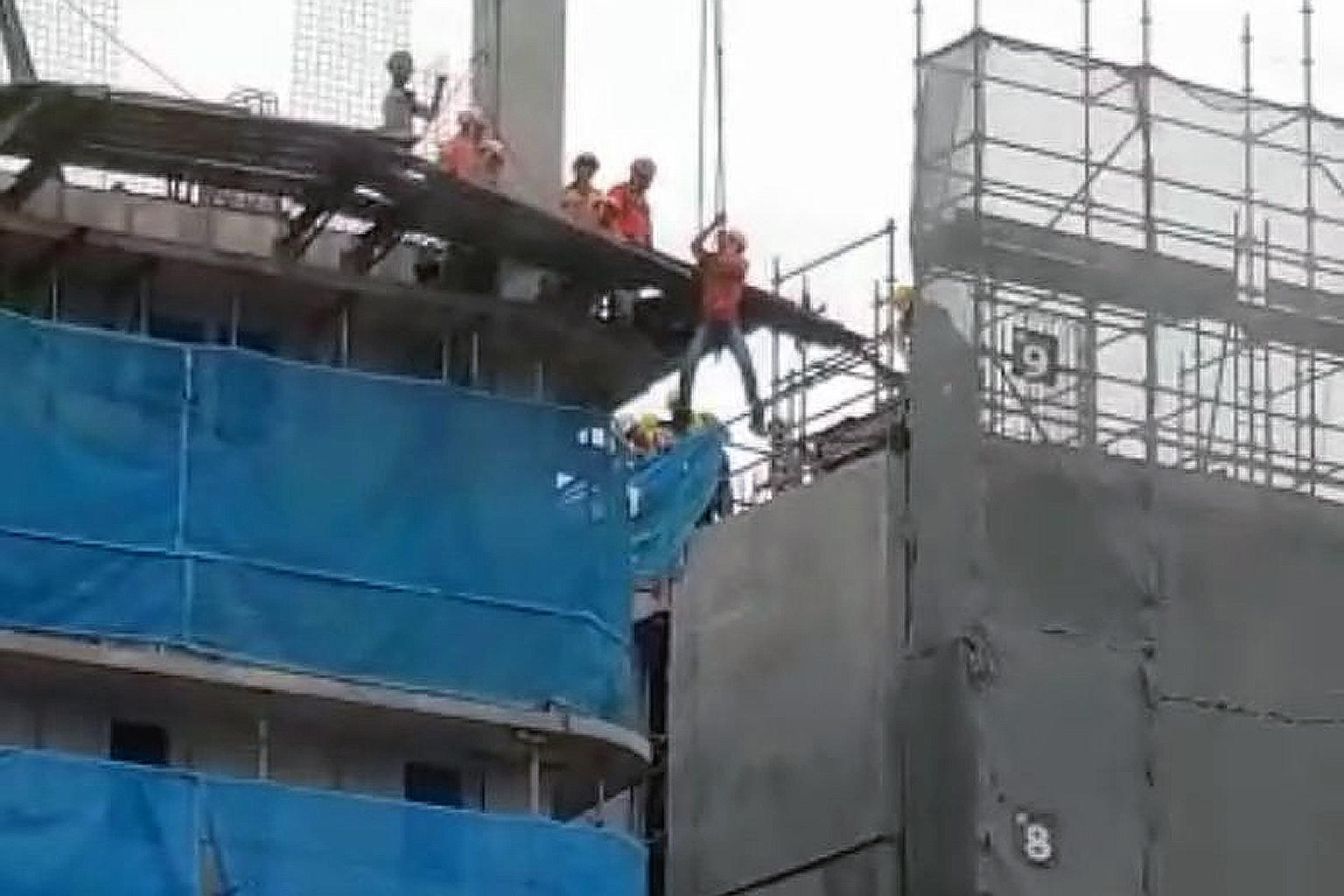 A Manpower Ministry spokesman confirmed that three construction workers were injured in an incident yesterday that involved a scaffold that fell from the ninth storey of a building under construction.