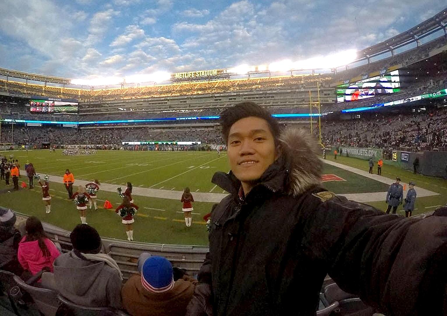 Mr Lim Zi Jian at an American football game in New Jersey during his US internship. He has been interning since August last year at a vertical farm start-up, which hopes to revolutionise agriculture methods.