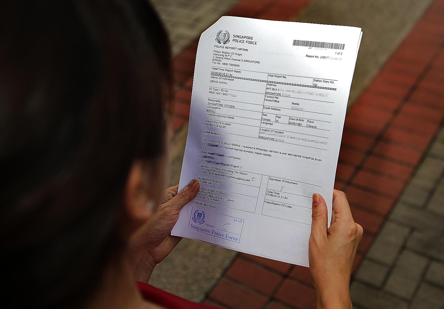 Ms Geng Haiyu (left) received threatening calls and messages from loan sharks after her maid, who borrowed at least $4,000 from more than seven moneylenders, fled. Ms Geng has since made police reports (above).