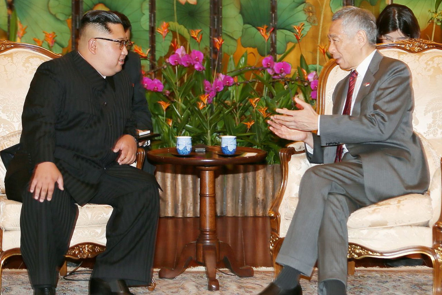 North Korean leader Kim Jong Un with Prime Minister Lee Hsien Loong at the Istana yesterday, where they discussed relations between their countries, as well as developments in North Korea and the region. Mr Lee also wished Mr Kim success for tomorrow