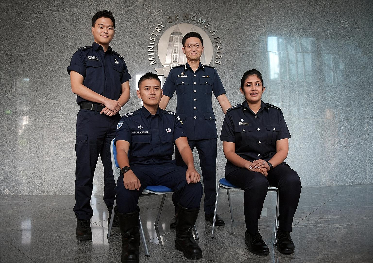 Home Team officers involved in the Trump-Kim summit: (from left) Inspector (NS) Gim Joo Hyung, Police Coast Guard; Warrant Officer 1 Mohammed Zulkasfyi Yunos, 35, emergency medical technician, Singapore Civil Defence Force; Director of Operations Sen