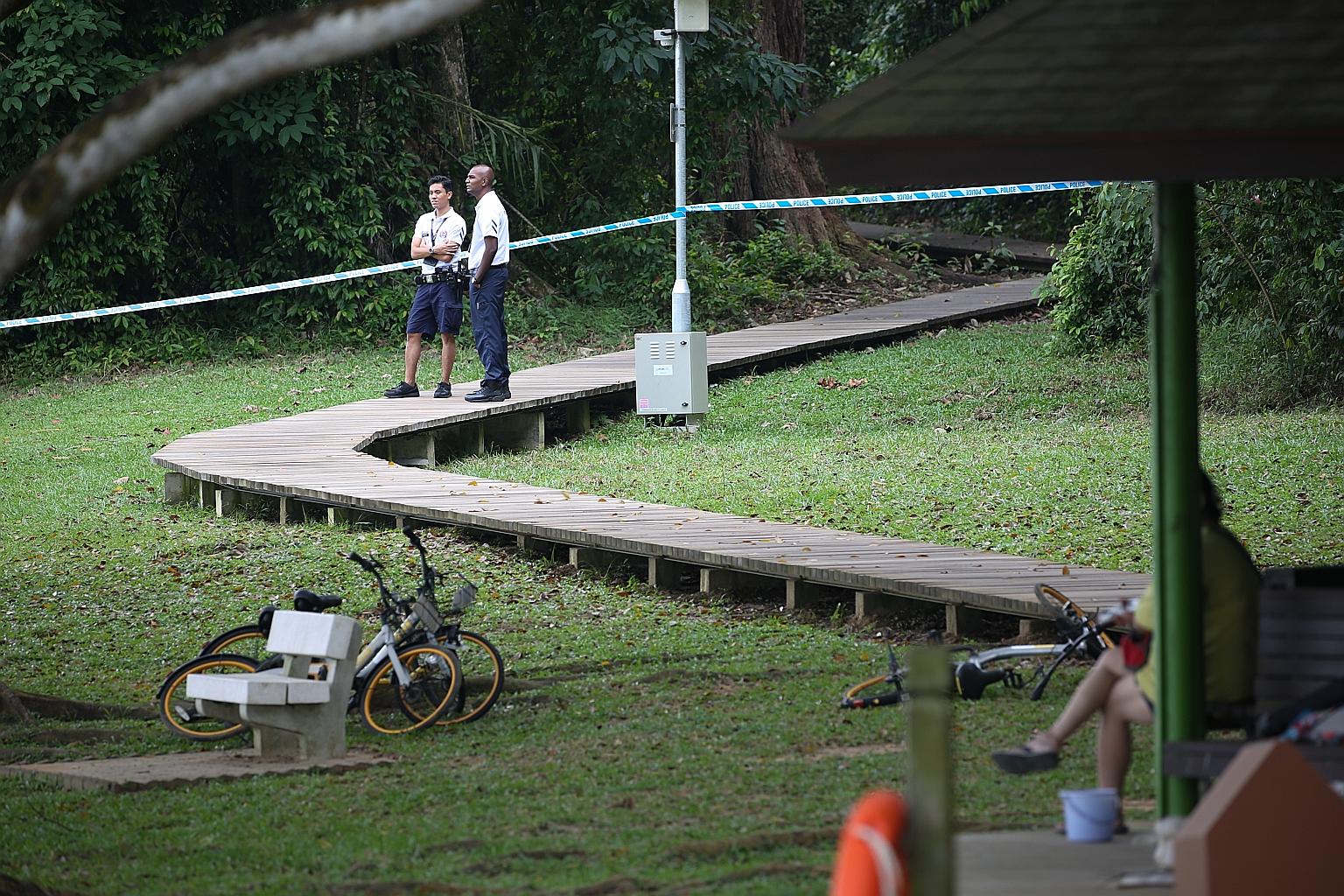 The police cordoned off a trail at Lower Peirce Reservoir yesterday after a body was found floating in the water. A witness said that the area was "quite far in" from the entrance.