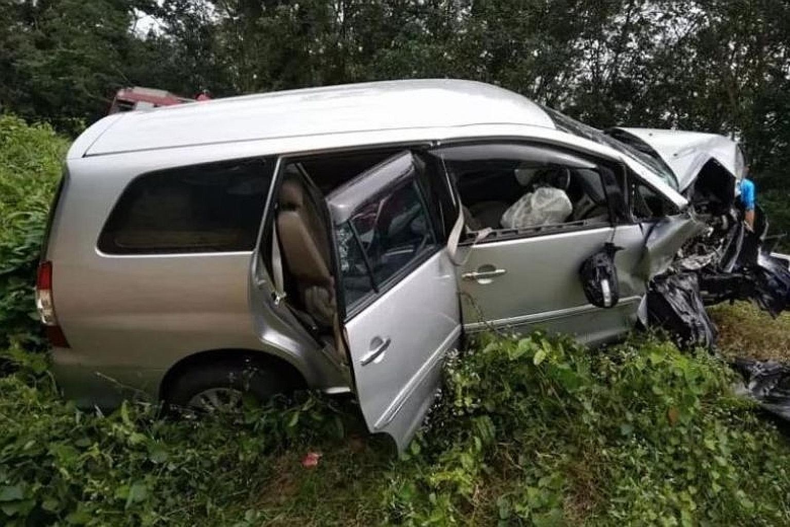 The driver, Mr Chua Keh Loing, lost control of the car and it collided with a sport utility vehicle near Tangkak in the direction of Bekoh on Friday afternoon.