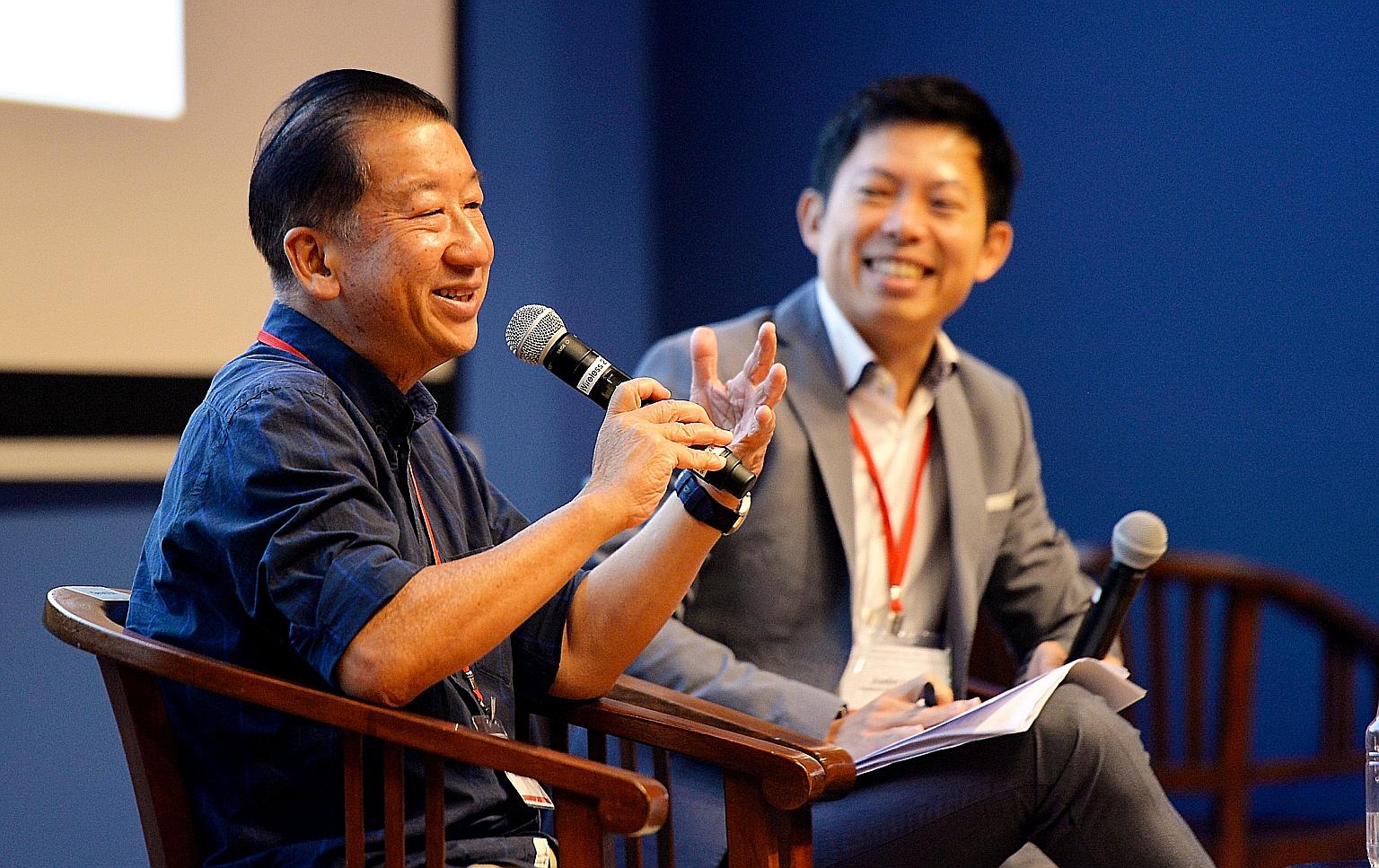 Mr Gerard Ee, executive director of Beyond Social Services, with IPS research fellow Justin Lee as the moderator, during the question-and-answer session at the Community Forum yesterday. Mr Ee, who was the keynote speaker, touched on the theme of the