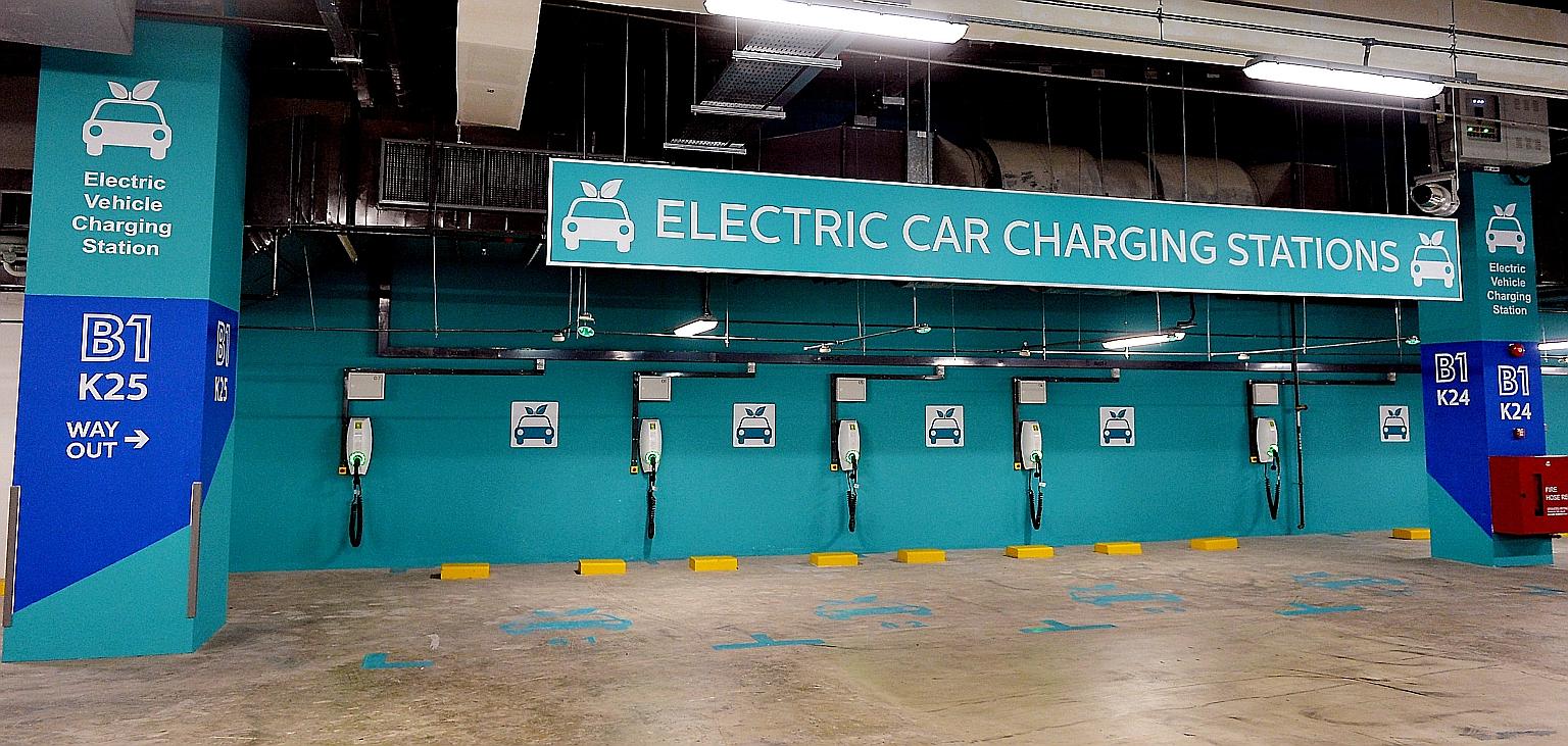 The electric car charging stations at Our Tampines Hub. Land Transport Authority figures show the number of fully-electric and plug-in hybrid cars growing from 137 two years ago to 592 as of April.