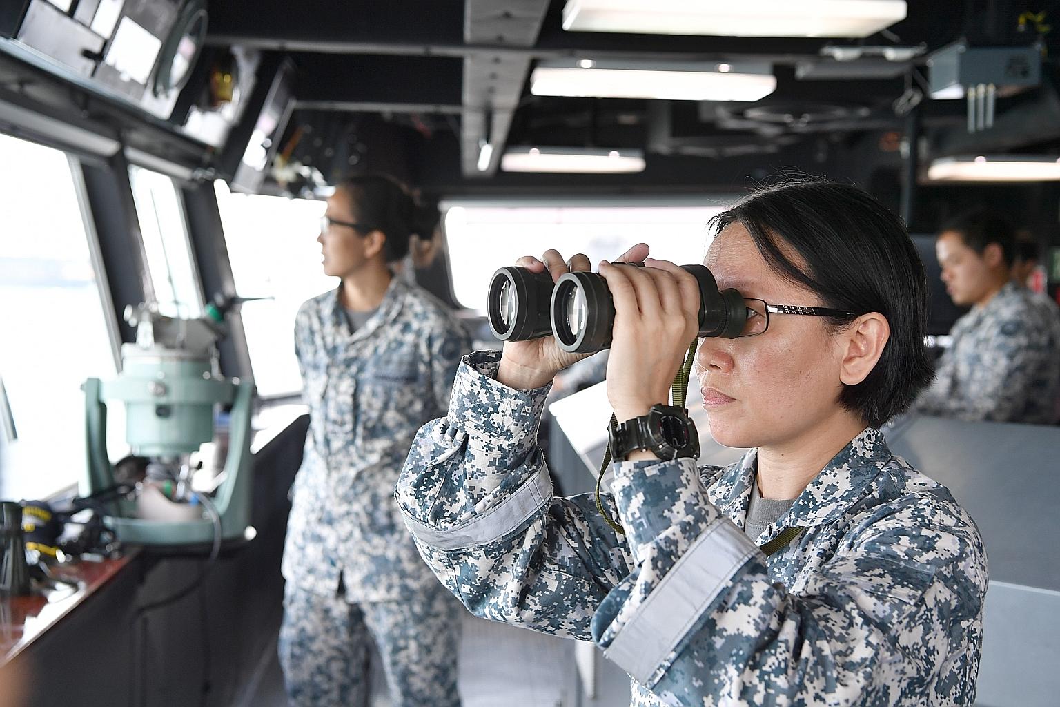 Mrs Boon Hui Seng on bridge watchkeeping duty on board the RSS Persistence. The 47-year-old joined the SAFVC in 2016.