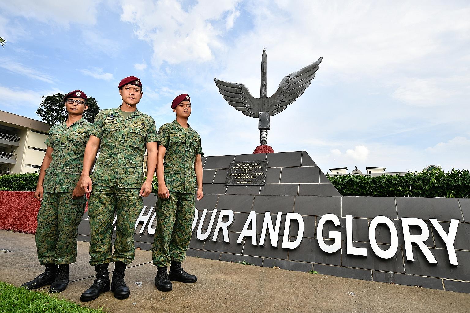 (From left) Third Sergeant Muhammed Syakir Zainol, Lieutenant-Colonel Ng Kiang Chuan and Corporal Joshua Ng from the 1st Commando Battalion. The unit won the Singapore Armed Forces' Best Combat Unit award for the 15th consecutive year.