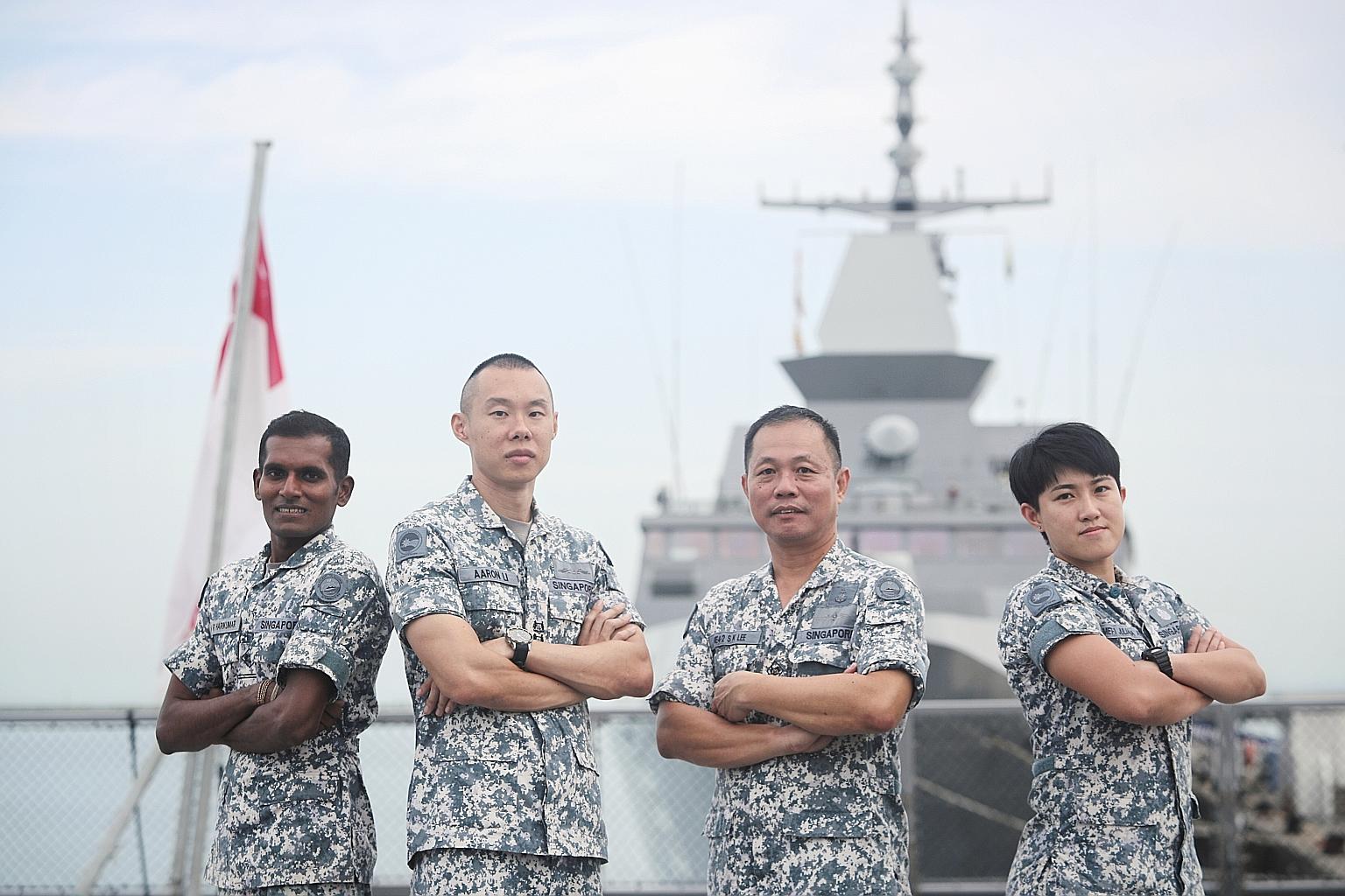Lieutenant-Colonel Aaron Li Jun Hong (second from left) with some of his crew members - (from left) Military Expert 2 Harikumar K. Rama, Military Expert 4 Lee Siak Kong and Military Expert 1 Juliana Ang.