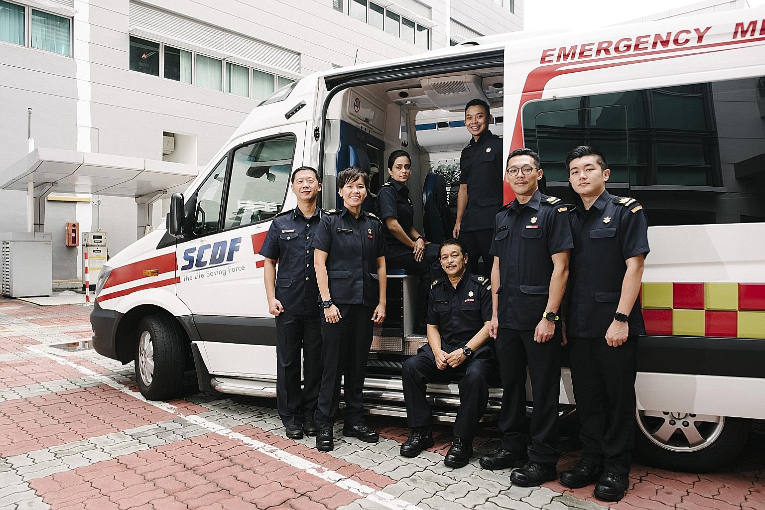 The Singapore Civil Defence Force team comprised five personnel and two mentors: (from left) Colonel (Dr) Ng Yin Ying, the chief medical officer; Staff Sergeant (SSG) Jennifer Lee; SSG Parminder Kaur (seated); Second Warrant Officer Kamsani A. Hamid