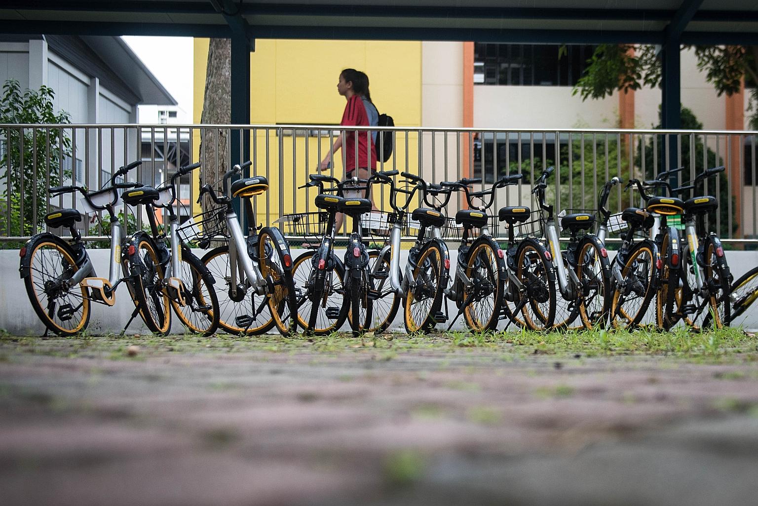 oBikes seen between Block 223 and Block 224 Lorong 8 Toa Payoh yesterday. The bike-sharing operator's bicycles which were left strewn around the island have become an eyesore for many people. Since oBike's announcement to cease operations, it has bee