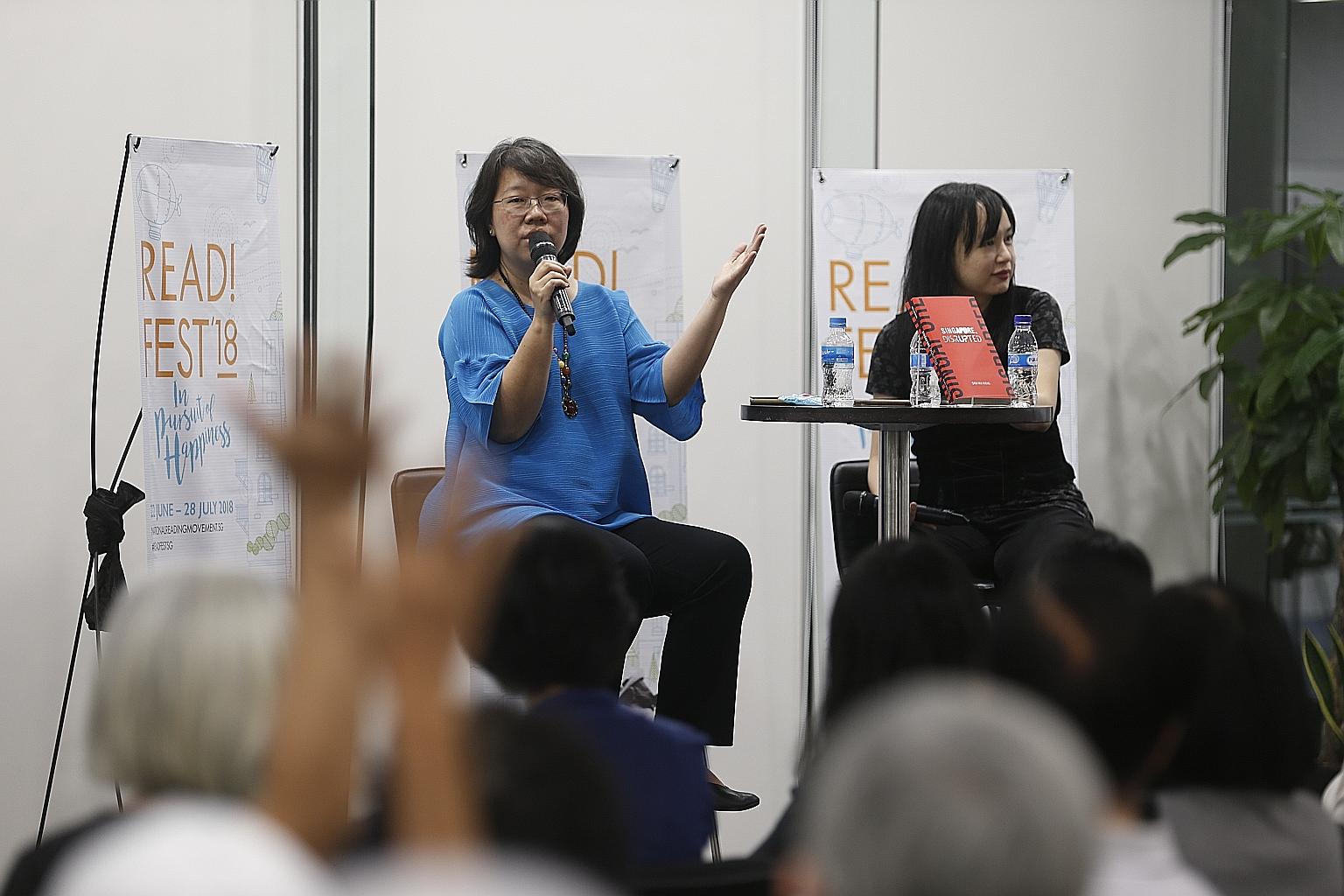 The Straits Times' Opinion editor Chua Mui Hoong (left) and senior executive content producer Denise Chong, the event moderator, taking questions from the audience at the ST Book Club session yesterday.