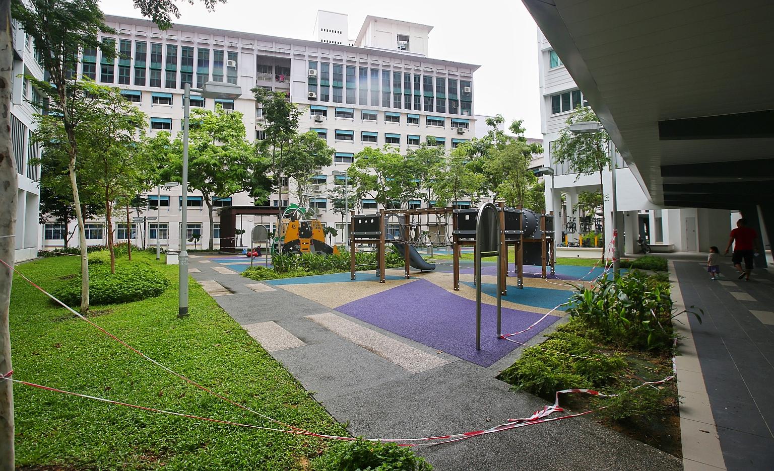 A decorative panel fell from the top of Block 10B (right, background) in Bendemeer Road and landed near this playground on June 23. The Build-To-Order block was completed in 2016.