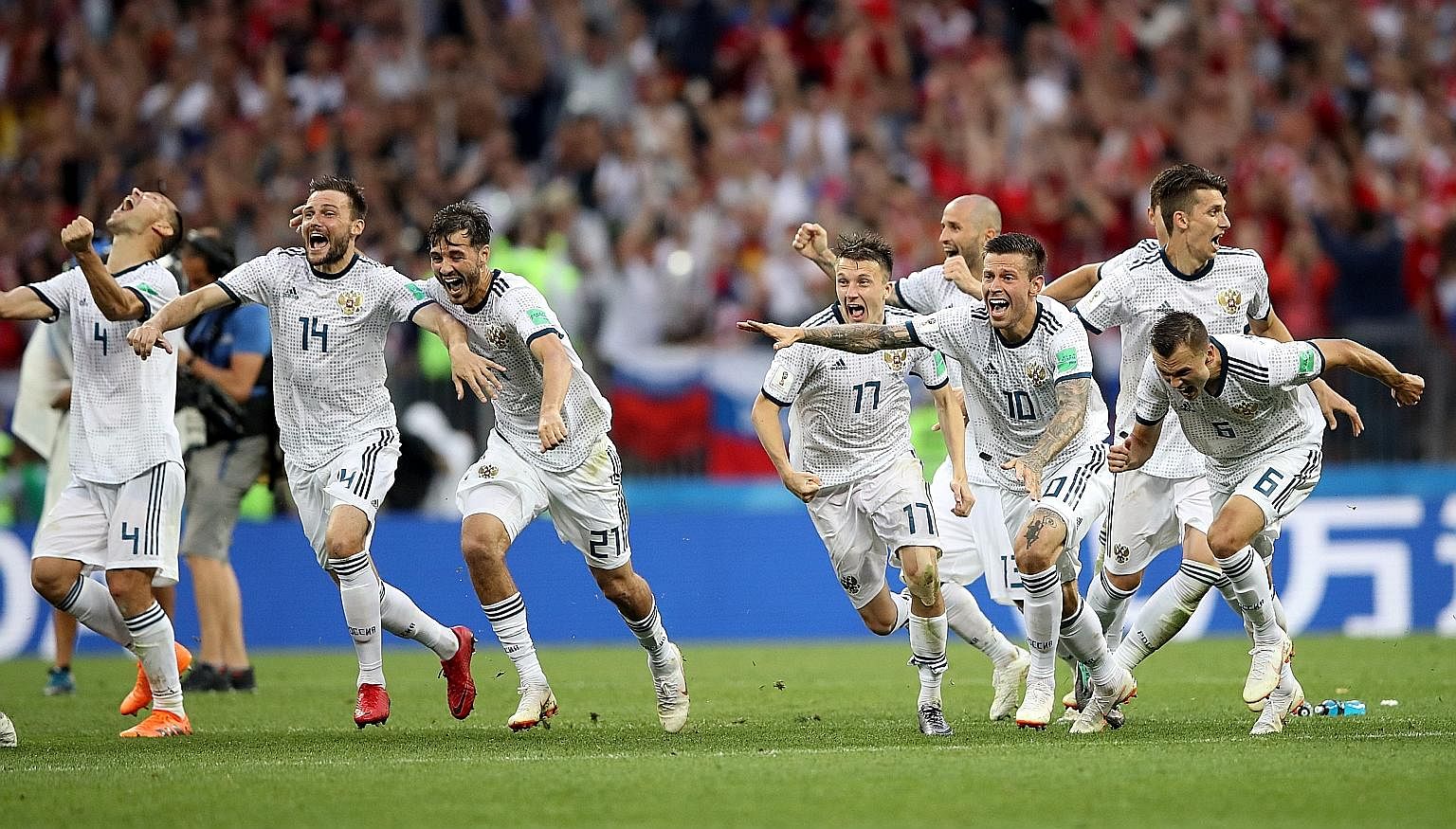 Russia celebrated one of their most famous wins at the World Cup in Moscow yesterday when they defeated 2010 champions Spain 4-3 in a penalty shoot-out to reach the quarter-finals. The last-16 match had ended 1-1 on full-time. Goalkeeper Igor Akinfee