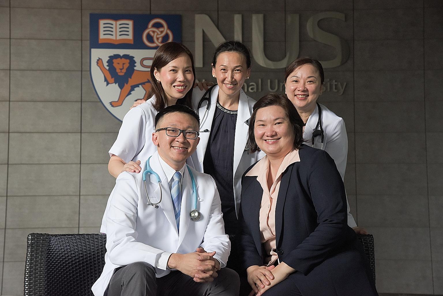 They are certified collaborative prescribing practitioners (clockwise from left, back row): Principal clinical pharmacist at National University Hospital Associate Professor Priscilla How; registered advanced practice nurse and senior lecturer at NUS