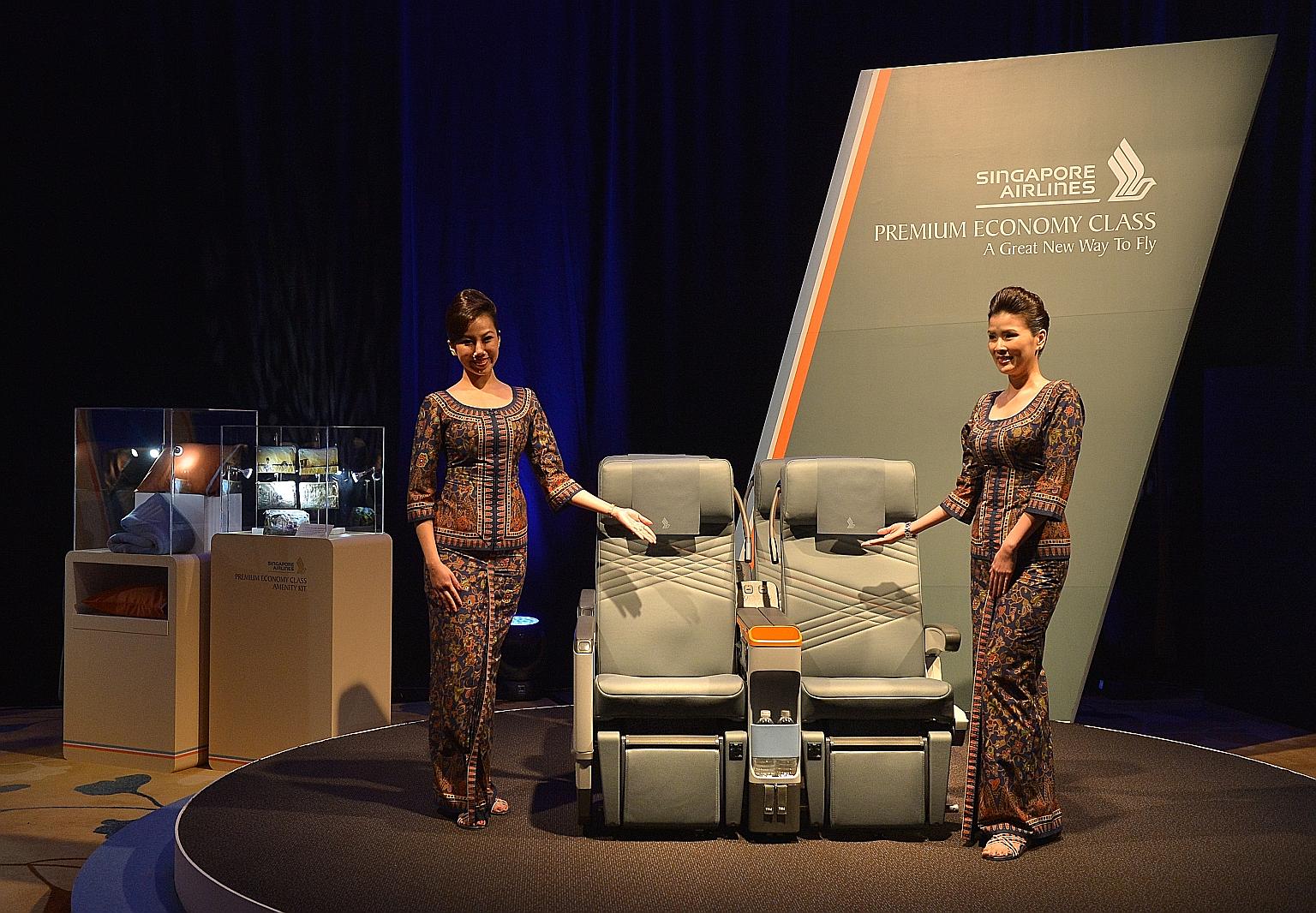 SIA unveiling its premium economy class products in 2015. Recent studies have shown that it is economy travellers, especially those on work trips, who have moved up, putting to rest fears that the new offering would cannibalise the premium market.