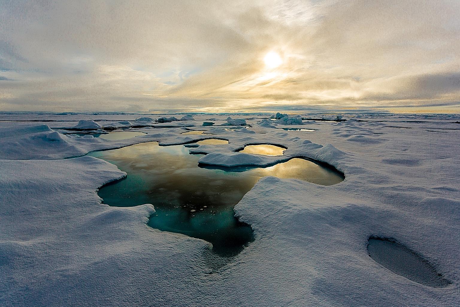 Ponds of melt water on sea ice in the Central Arctic region.