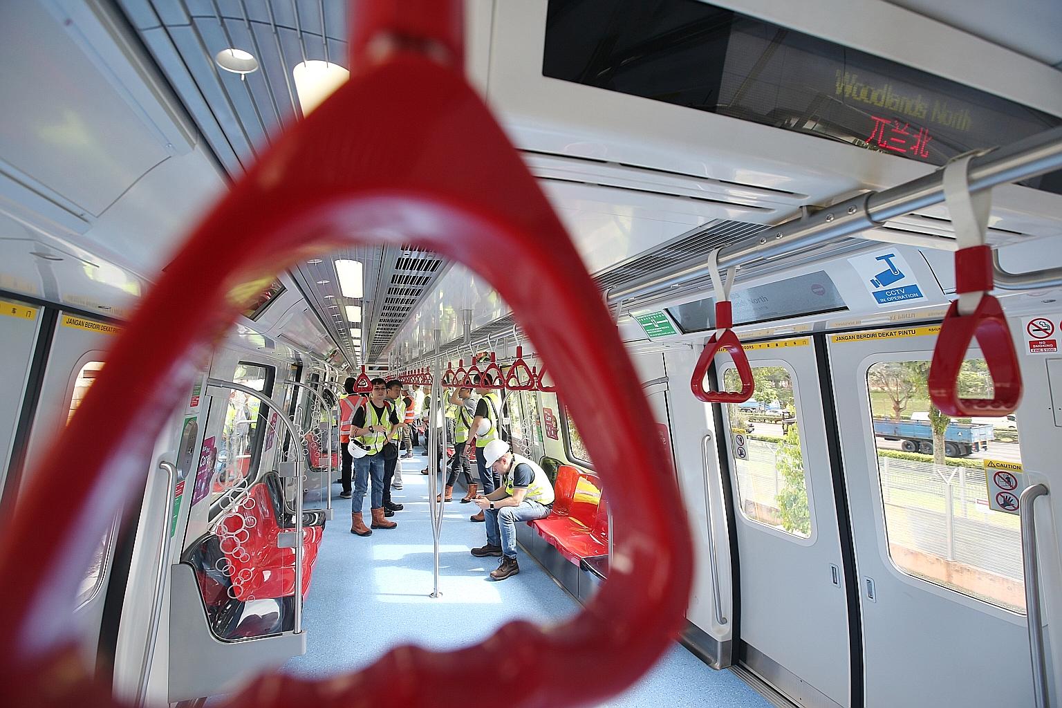 Details of the Thomson-East Coast Line train features were revealed yesterday at the Mandai Depot during a tour of the first train, which was delivered from China in May. The line will open progressively from 2019.